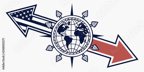 Cuadro en lienzo Two opposing arrows with globe center, conflict diplomacy, international tension