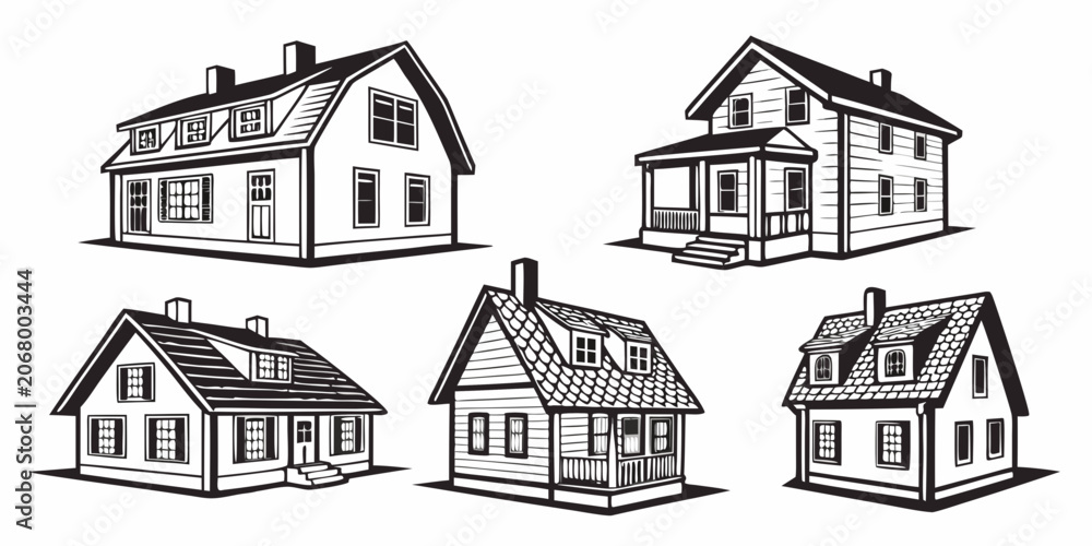 Naklejka premium Black silhouette of 16 village houses, isolated on white background, isolated white background