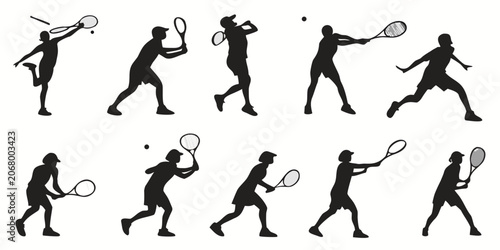 Obraz na płótnie Black silhouette of 16 tennis players in various action poses sport