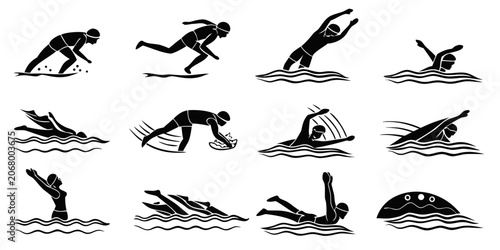 Картината върху платно Set of 16 black silhouette of swimming strokes and water sports freestyle backst