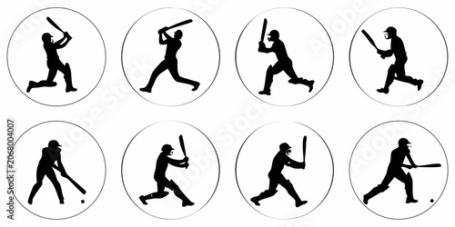 Fotografie Black silhouette of cricket players in various batting actions cricket player si