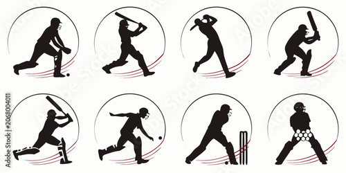 Foto Black silhouette of cricket players in various batting stances batsman cricket b