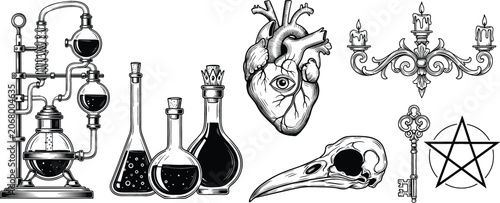 Quadro su tela Gothic Alchemy and Witchcraft Elements Set with Magic Potions Laboratory Apparat