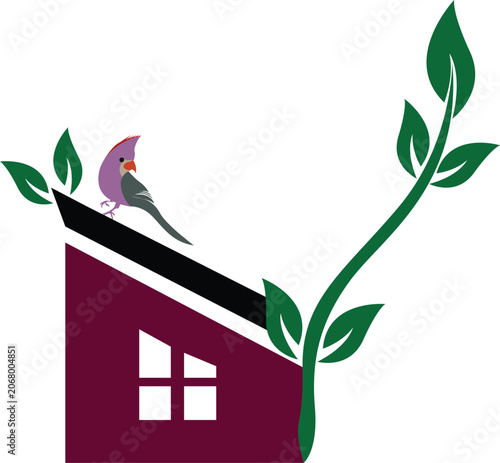 Creative vector logo design of a house with growing green leaves and a bird on the roof