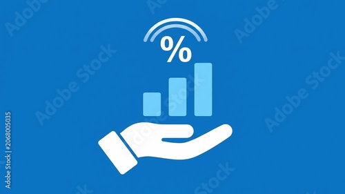 Hand icon presents a rising percentage bar graph representing financial growth and investment success.