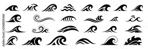 Schilderij op canvas Black wave abstract water waves silhouette vector set, decorative sea splashes,