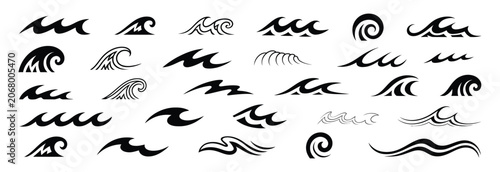 Foto Black wave abstract water waves silhouette vector set, decorative sea splashes,