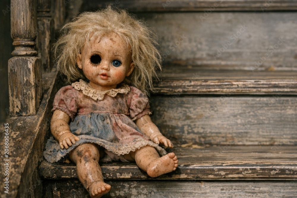 Fototapeta premium A doll sits at the top of a staircase, looking down