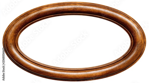 Empty oval wooden picture frame isolated on white background.