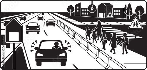 School crossing scene with cars and pedestrians black and white silhouette