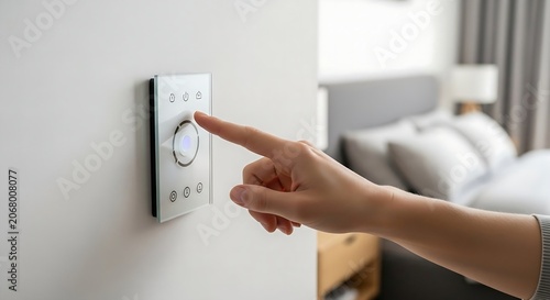 Hand pressing a smart home control panel on a wall