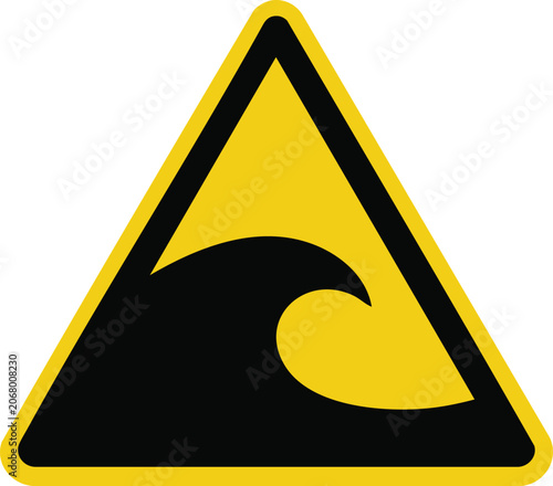 Tsunami warning sign with a black wave symbol in a yellow triangle indicating natural disaster danger and safety alert isolated on white