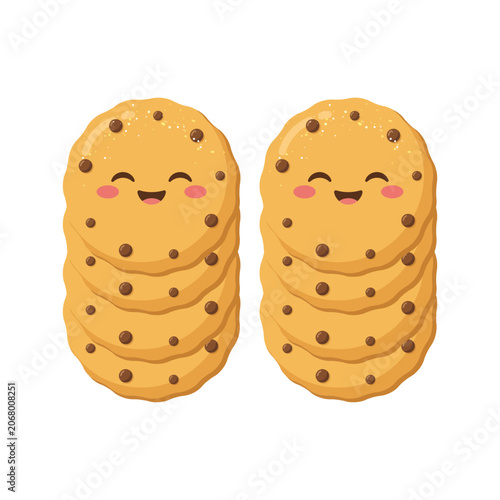 Photography Two stacks of delicious chocolate chip cookies with happy smiling faces and rosy