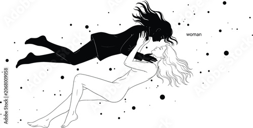 Fotografía Mystical Celestial Romance Illustration with Floating Nude Woman and Black Shado