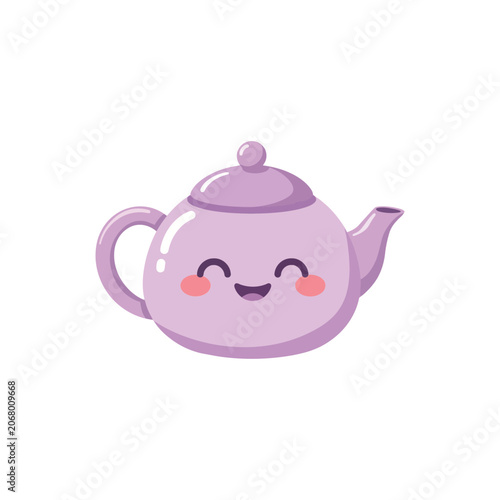 Fotografija Cute purple teapot with a smiling face and rosy cheeks isolated on a plain white