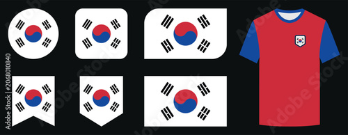 South Korea Flag Icon Set Collection with Circle, Square, Rounded Rectangle, Bookmark, Shield Badge and Football Jersey Vector Illustration Isolated on Black Background