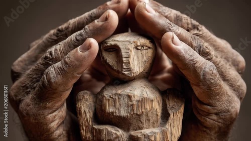Human hands shielding a wooden figure, A wooden statue of a man with his hands raised