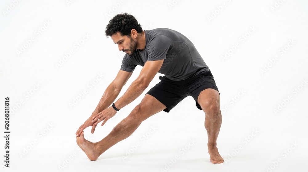 Fototapeta premium Man stretching hamstrings and inner thighs in a wide legged forward bend with arms reaching towards feet