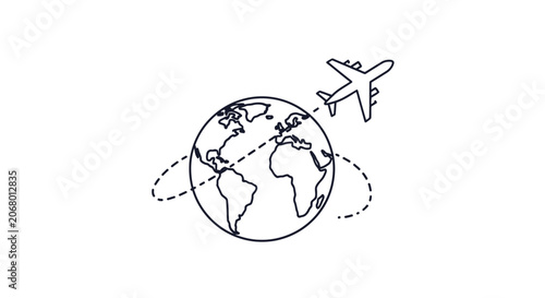 Global Travel Concept with Airplane Circling Earth Globe, isolated white background.