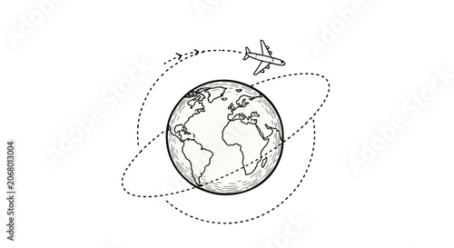 Hand-drawn style airplane flying around a shaded globe with a dotted travel path, isolated white background