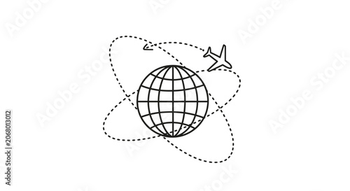Line art airplane flying around a grid patterned globe with a dotted travel path, isolated white background