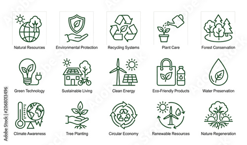 Obraz na plátně Environmental and Natural Resource Flat Outline Icon Set with Editable Strokes