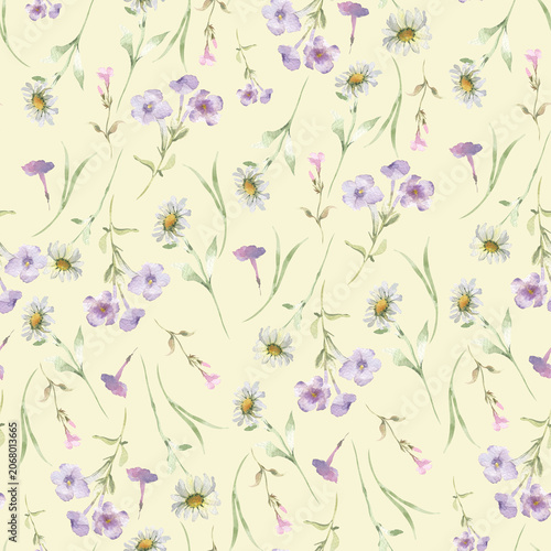 Floral seamless pattern with soft watercolor hand painted. Repeatable textile design with daisy and purple blossom on light yellow backdrop. Summer wildflowers repeat for bedding line or kitchen.