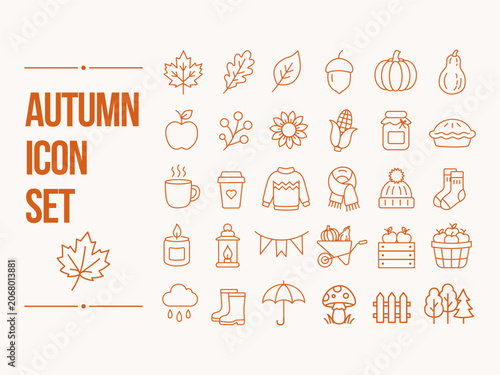 Collection of autumn icons featuring leaves, harvest produce, cozy clothing, seasonal food and fall nature symbols