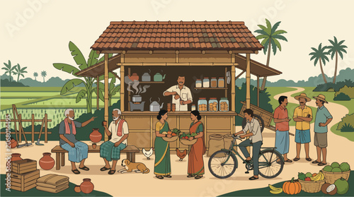 Tableau sur toile Early Morning Village Tea Stall Gathering with Farmers Sharing Daily Life in Tra