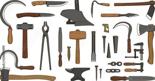 Fényképezés Traditional Blacksmith Forged Agricultural Hand Tools Collection Isolated Flat V