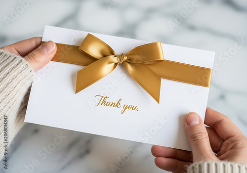 Elegant white card with golden bow for gratitude