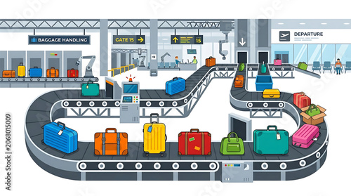 Illustration of an Organized and Efficient Baggage Handling System at a Modern Airport Terminal, Facilitating Smooth Travel and Departure for Passengers