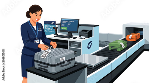 Female Airline Staff Member Checking In Luggage at an Airport Terminal Counter Illustration