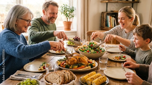 Table with fresh foods shared among family members warm atmosphere cozy dining connection togetherness home lifestyle concept.