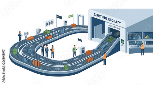 Airport luggage sorting facility with conveyor belts and security scanners, showcasing streamlined baggage handling operations