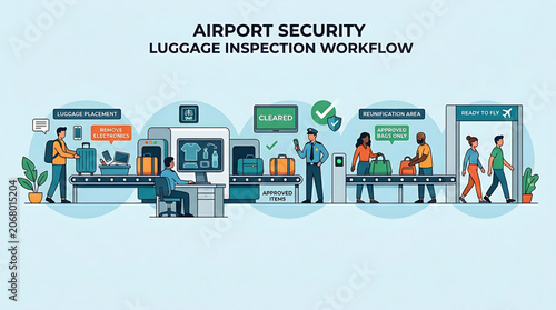 Comprehensive Airport Security Luggage Screening Process and Passenger Inspection Workflow Procedures Illustration