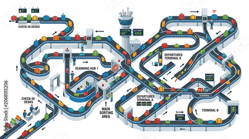 Isometric illustration of a complex airport baggage handling and sorting system with conveyor belts and colorful luggage