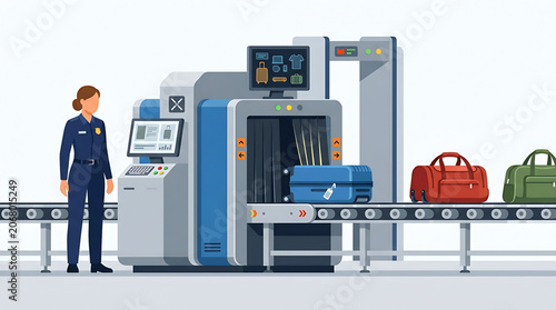 Security Personnel Monitoring Airport Baggage X-ray Scanning System for Passenger Luggage Safety and Screening Procedures