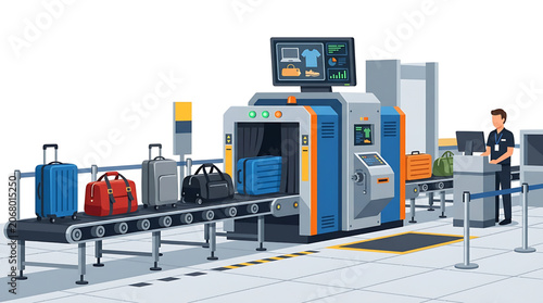 Airport baggage scanner with security checkpoint and luggage conveyor belt