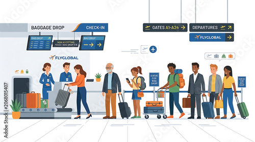 Passengers standing in queue at airport terminal check-in desk for baggage drop before flight illustration