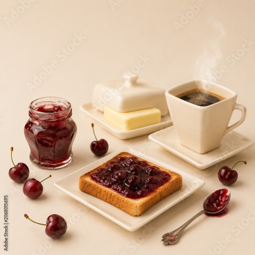 Toast with Cherry Jam and Coffee Breakfast Set