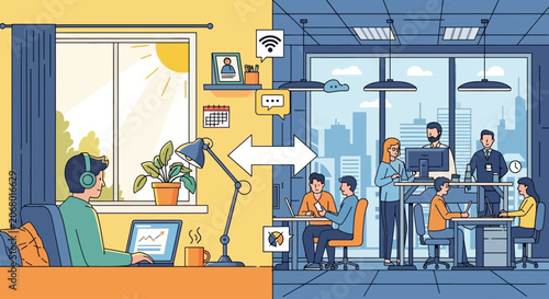 Remote Work vs. Office Work Comparison Illustration. Hybrid Model Concept.