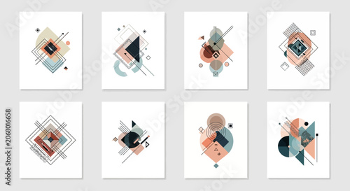 Foto Set of abstract geometric posters with minimalist shapes and lines in Bauhaus st
