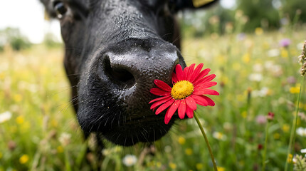Close-up of a black cow's nose gently sniffing a vibrant red daisy in a sunny meadow