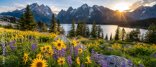 A vibrant alpine landscape featuring yellow wildflowers and purple lupines blooming above a pristine mountain lake at sunrise. Snow-capped peaks, evergreen forests, and golden morning light.