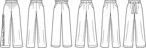Fotografie Set of various wide leg trousers and pants technical drawing templates for fashi