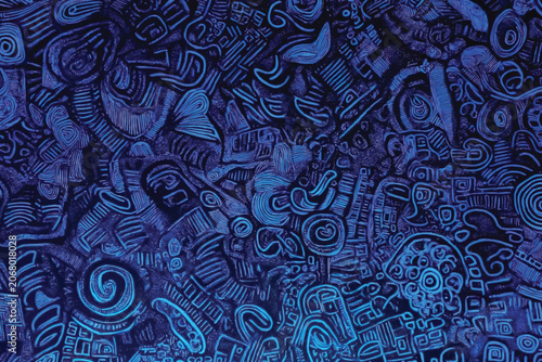 Seamless intricate tribal neon blue doodle line art on dark background