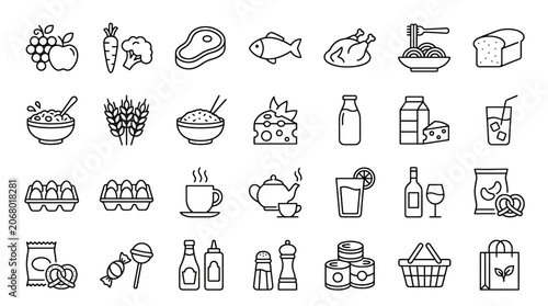 Tableau sur toile Grocery Food and Product Categories Line Icon Set with Fruits Meat Pasta Beverag