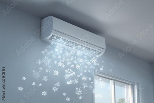 Air conditioner producing cool air with snowflakes
