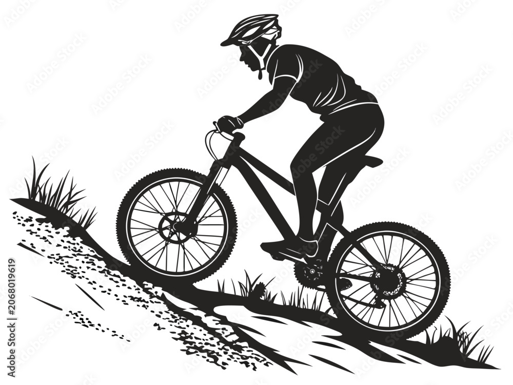 Naklejka premium Silhouette of a mountain biker riding uphill on a trail
